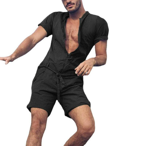 Men's Plain Short-sleeved Bodysuit In Solid Color Without Hood
